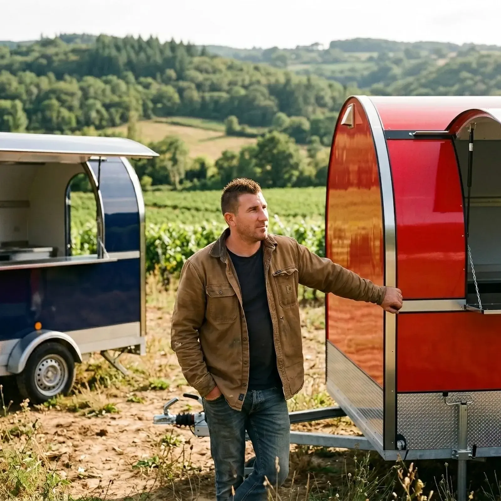 Jérémy Rodet devant deux remorques food truck JR Location