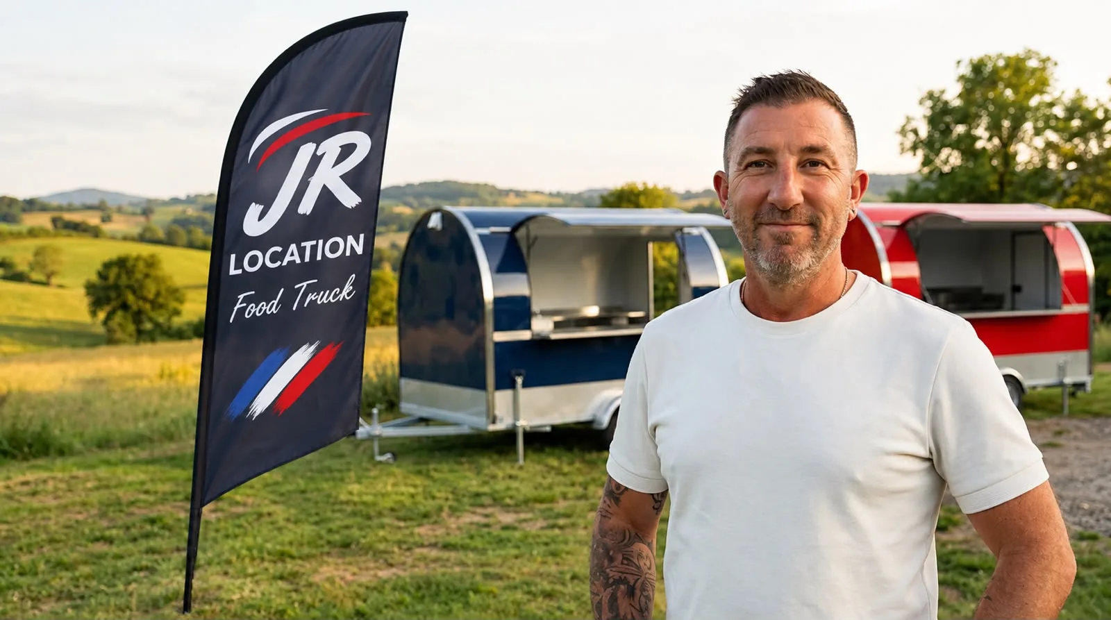 Jérémy Rodet devant deux remorques food truck JR Location