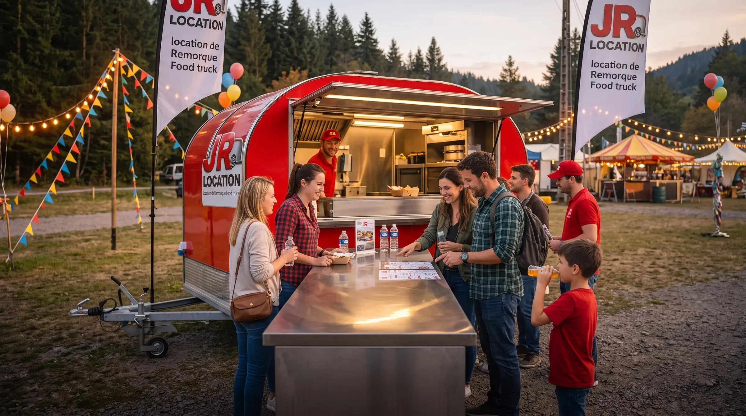 Remorque JR Location en service lors d'un événement, clients réunis autour du comptoir